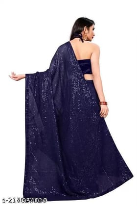 Generic Women's Georgette Embellished Sequnece Bollywood Saree With Unstitched Blouse 5.5Mtr (Blue)