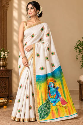 DHRUVINSRI Premium Ivory White Kerala Kasavu Cotton Hand Painted Saree | Peacock Tree of Life Ethnic Motif | Fine Lightweight Cotton Kasavu Saree | Artisan Handmade Indian Traditional Saree for Women DHRUVINSRI Premium Ivory White Kerala Kasavu Cotton Hand Painted Saree | Peacock Tree of Life Ethnic Motif | Fine Lightweight Cotton Kasavu Saree | Artisan Handmade Indian Traditional Saree for Women