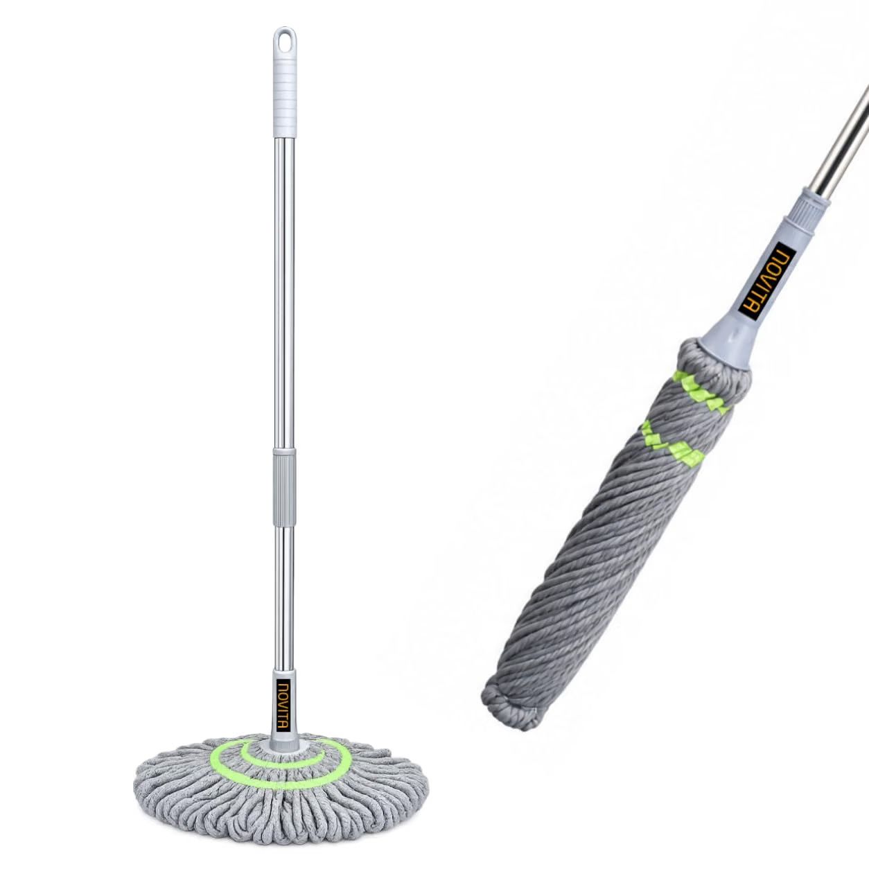 Novita Self-Wringing Twist Mop with 360° Rotating Head | Easy Squeeze Microfiber Floor Mop | Extendable Stainless Steel Handle | Super-Absorbent Washable Mop Heads | Wet & Dry Floor Cleaning 