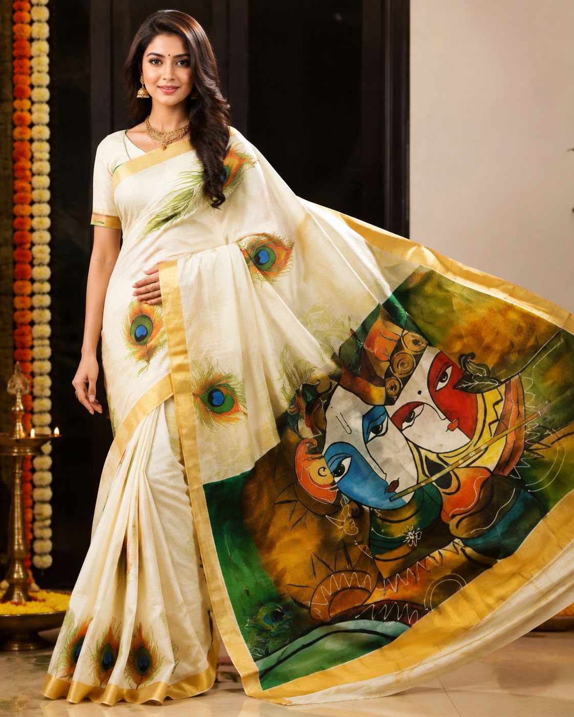 DHRUVINSRI Premium Kerala Cotton Kasavu Saree with Golden Zari Border, Wearable Indian Art, 6.25 m Length and Running Blouse, Features Acrylic Hand-Painted Radha Krishna Vrindavan Artwork Inspired by Krishna's Bansuri