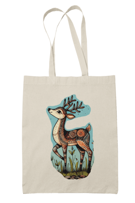 Prakrut India Canvas Tote Bag with Zipper & Inner Pocket, Tribal Folk Art Deer Print
