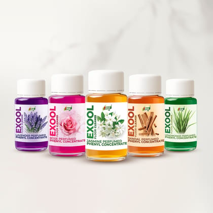 7Fresh Exool Perfumed Phenyl Concentrate Floor Cleaner Liquid Combo Pack (Jasmine, Rose, Lavender, Sandal & Lemongrass) | 35 ml Each | Makes 5 Litres Thick White Phenyl | Pine Based | Long Lasting Fragrance | Fast Dilution