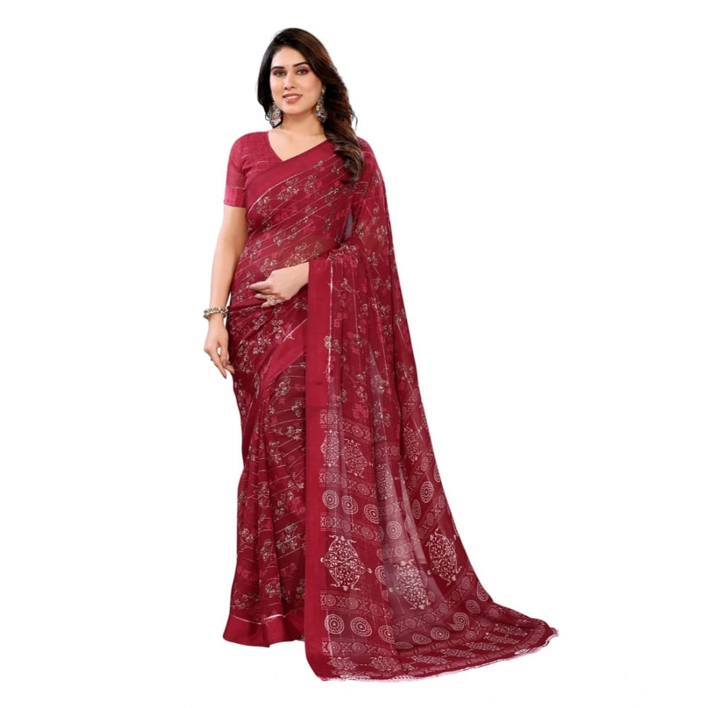 womens georgette printed saree with unstitched blouse 5mtr red pid62603