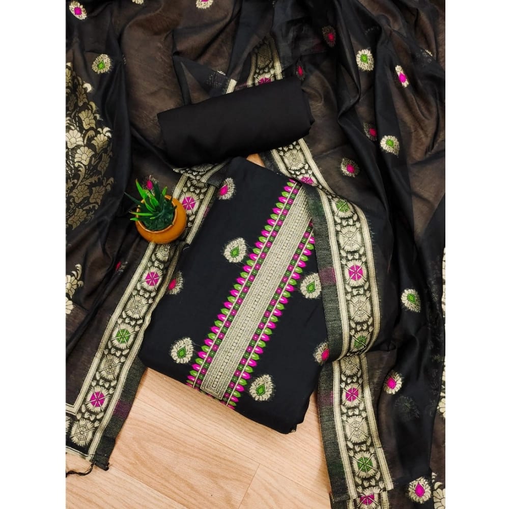 womens banarasi silk printed unstitched salwar suit material with dupatta black pid62659