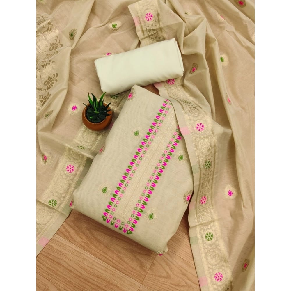 womens banarasi silk printed unstitched salwar suit material with dupatta cream pid62661