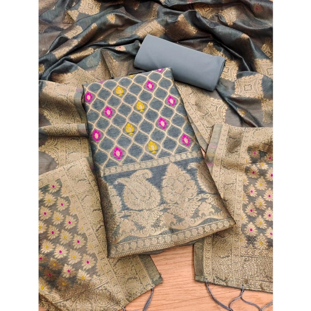 womens banarasi silk printed unstitched salwar suit material with dupatta grey pid62672