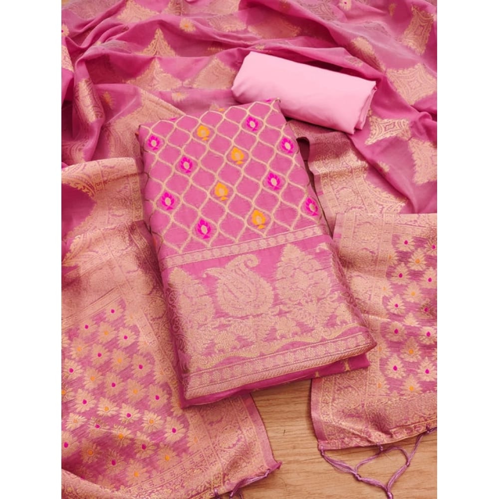 womens banarasi silk printed unstitched salwar suit material with dupatta pink pid62673