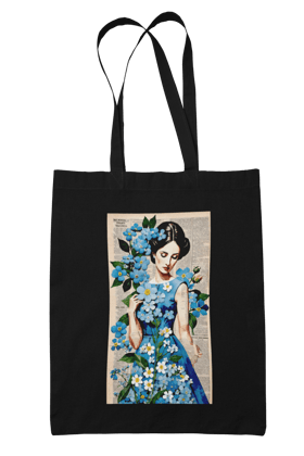 Prakrut India  Cotton Canvas Tote Bag with Zipper & Inner Pocket, Vintage Blue Floral Girl Newspaper Collage Print