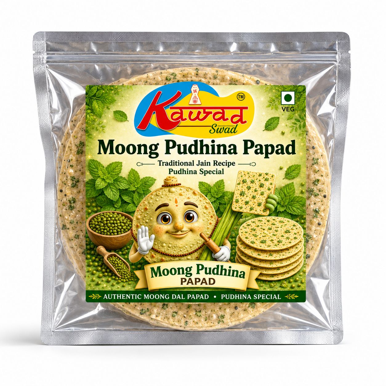 KAWAD SWAD Moong Pudhina Papad 500g | Traditional Jain Recipe