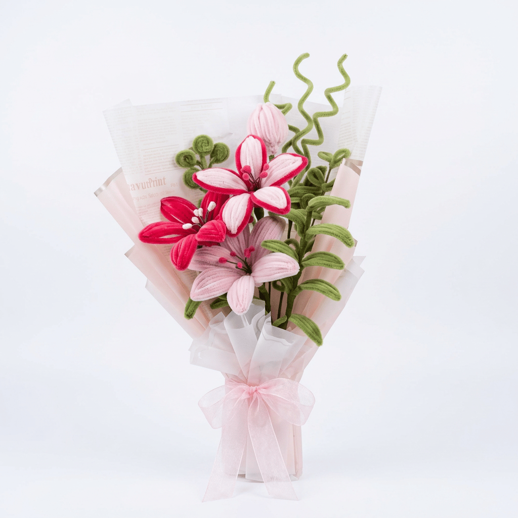 Handmade Chenille Stem Lily Flower Bouquet in Gift Wrapping