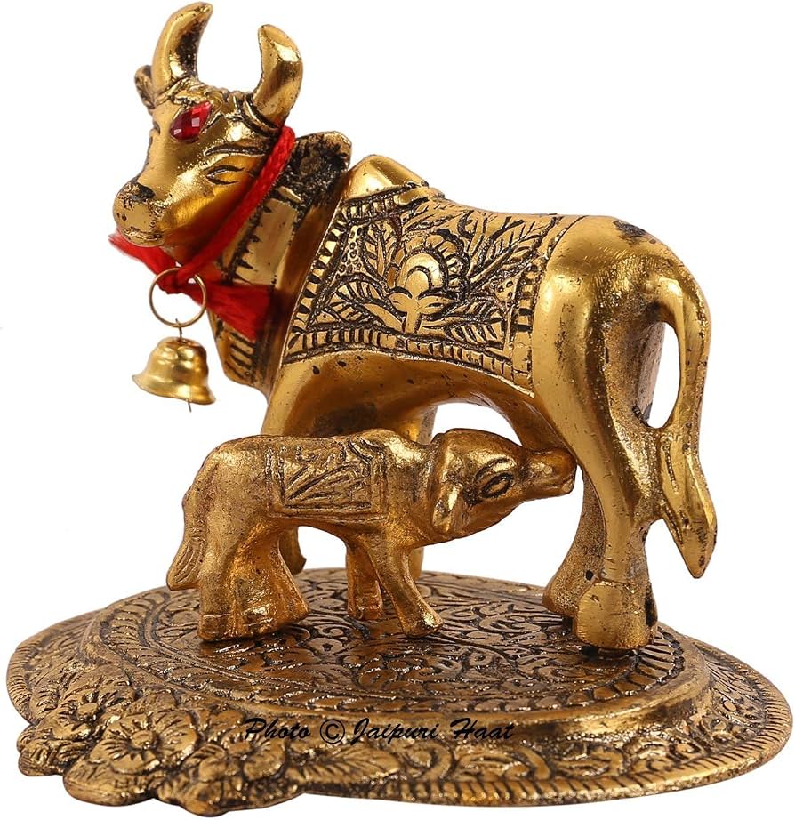 Handcrafted Brass Kamdhenu Cow and Calf Idol for Home Decor