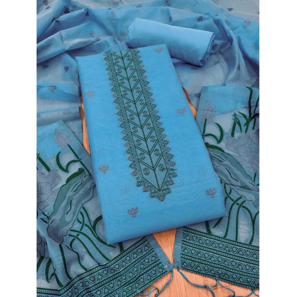 womens banarasi silk printed unstitched salwar suit material with dupatta skyblue pid62700