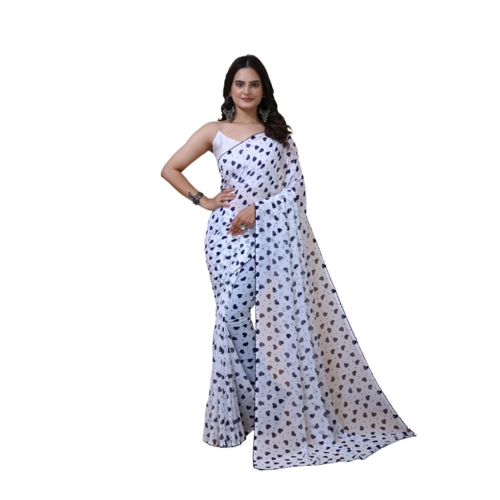 womens georgette printed saree with unstitched blouse 5mtr white blue pid63033