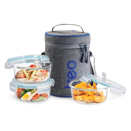 Treo by Milton All Fresh Borosilicate Glass Lunch Box Set of 3, Clear, 400 ml Each with Durable Lunch Bag, Microwave & Dishwasher Safe, Leakproof Containers, Office Tiffin