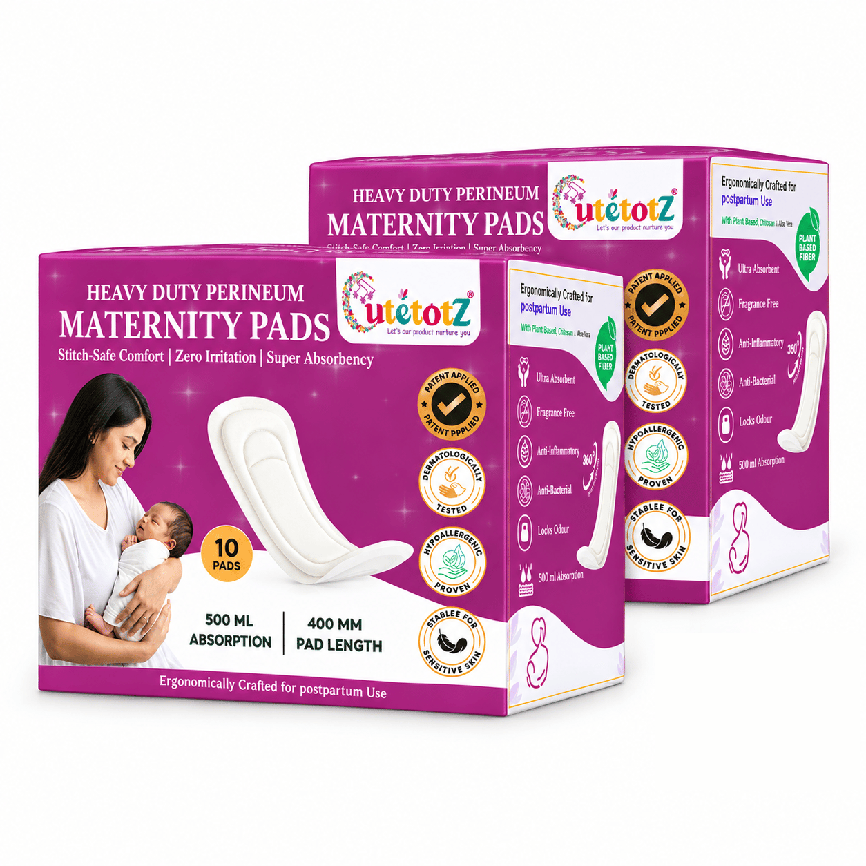 CUTETOTZ Premium Heavy Duty Perineum Maternity Pads | Anatomical Fit | No Wings | Pack of 20 Pads