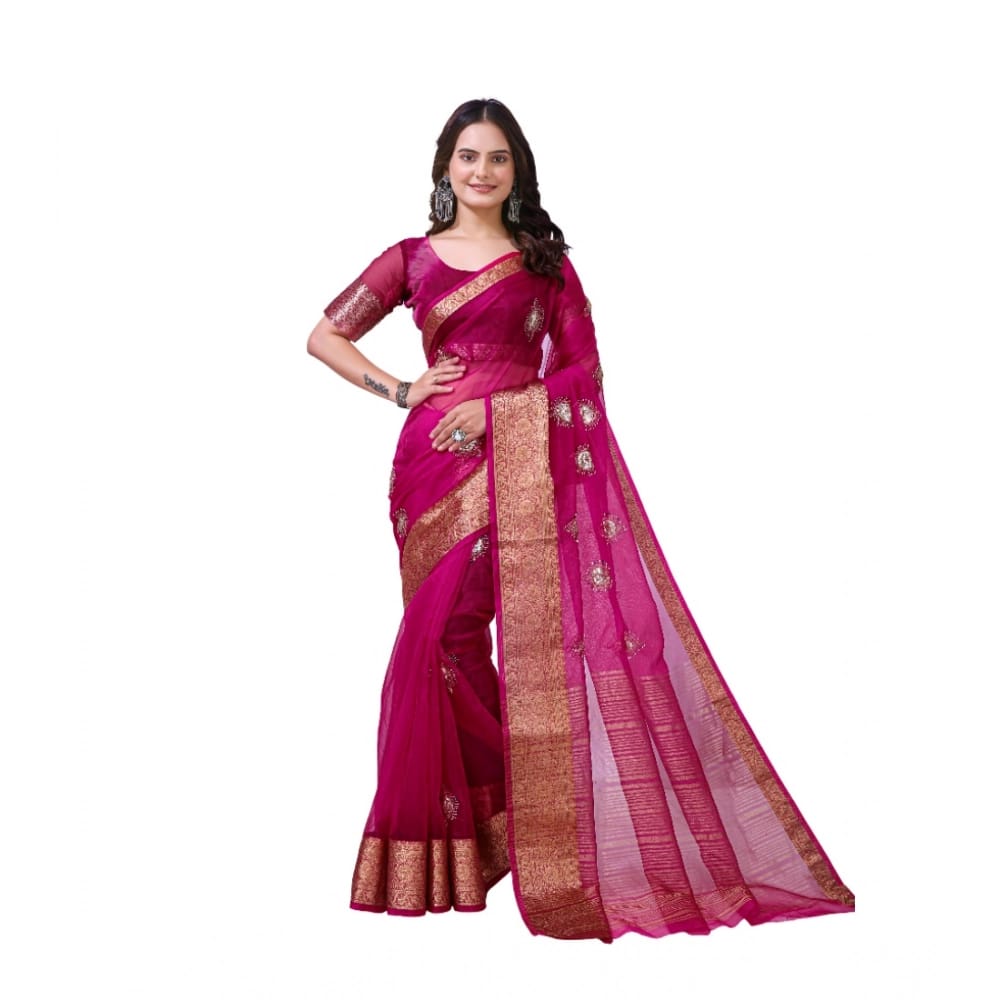 womens orgenza jacquard embellished saree with unstitched blouse 5mtr pink pid63040