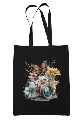 Prakrut India Cotton Canvas Tote Bag with Zipper & Inner Pocket, Vintage Camera Floral Butterfly Artwork Print