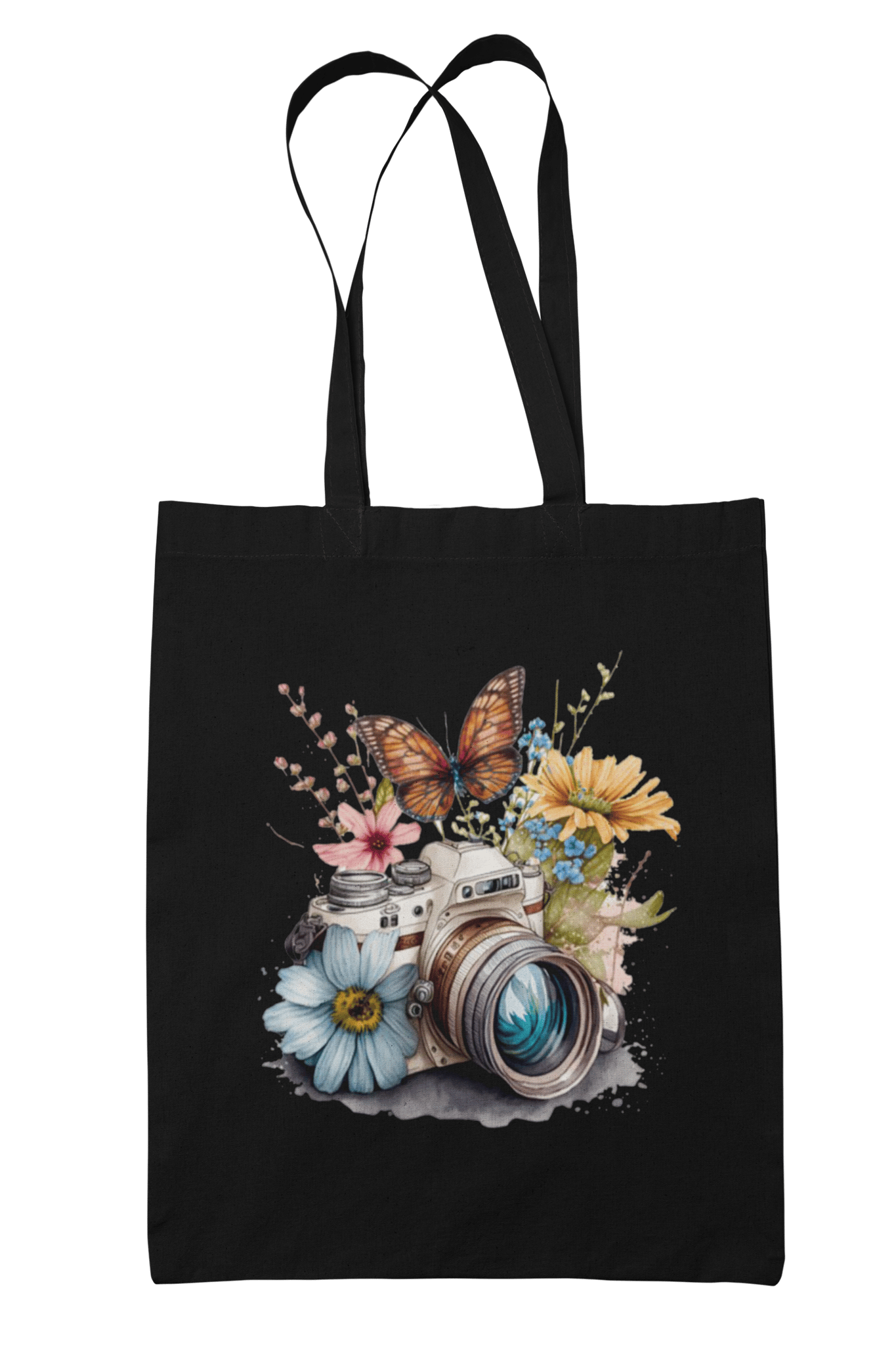 Prakrut India Cotton Canvas Tote Bag with Zipper & Inner Pocket, Vintage Camera Floral Butterfly Artwork Print