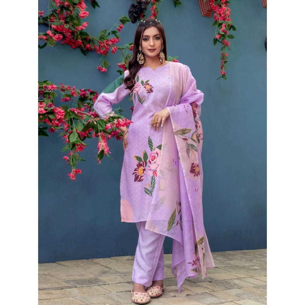 womens cotton blend printed kurti with pant dupatta set lavender pid63051