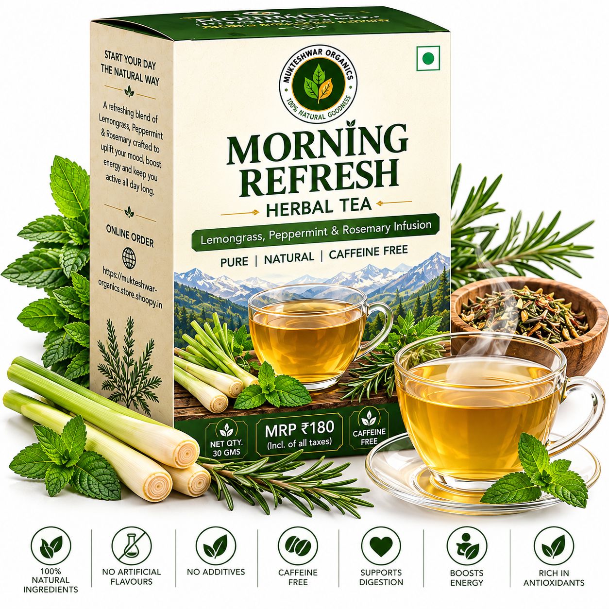 Mukteshwar Organics Morning Refresh Herbal Tea – Lemongrass, Peppermint & Rosemary | Caffeine-Free | 30 g