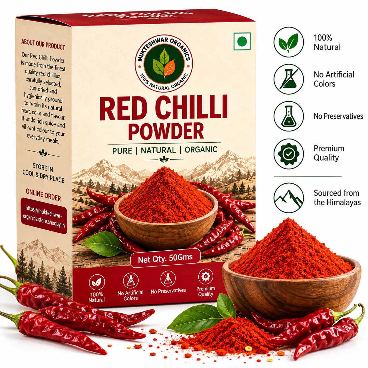 Mukteshwar Organics Red Chilli Powder – 50 g | Pure, Natural & Organic Spice for Everyday Cooking