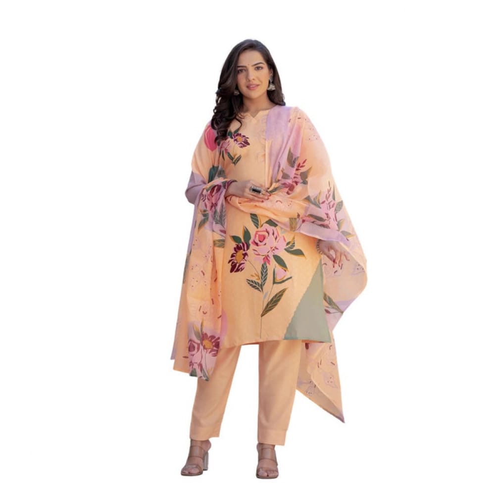 womens cotton blend printed kurti with pant dupatta set orange pid63053