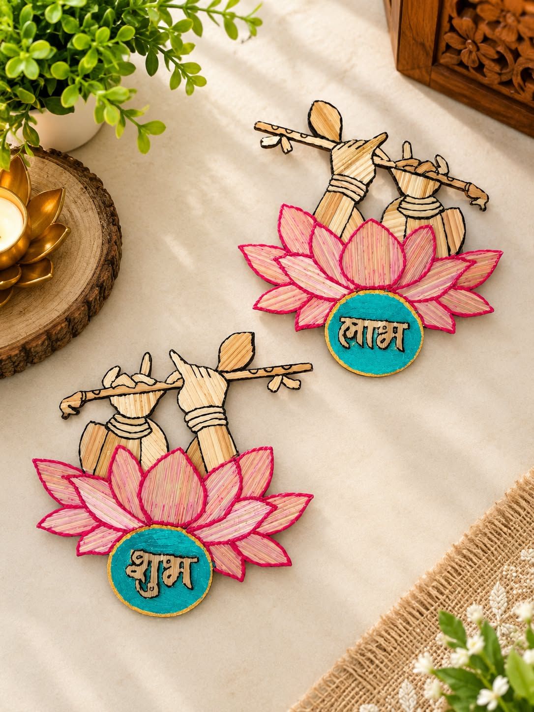 Traditional Shubh Labh Lotus Krishna Hands Fiber Wall Hanging Décor - Set of 2