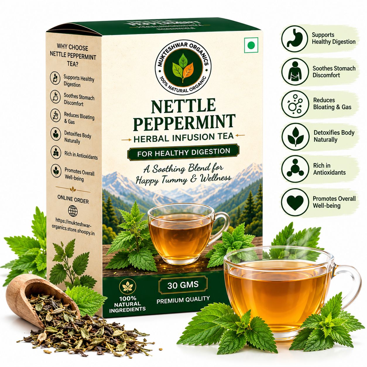 Mukteshwar Organics Nettle Peppermint Herbal Infusion Tea – 30 g  A Cup of Pure Goodness – Freshness from the Himalayas!