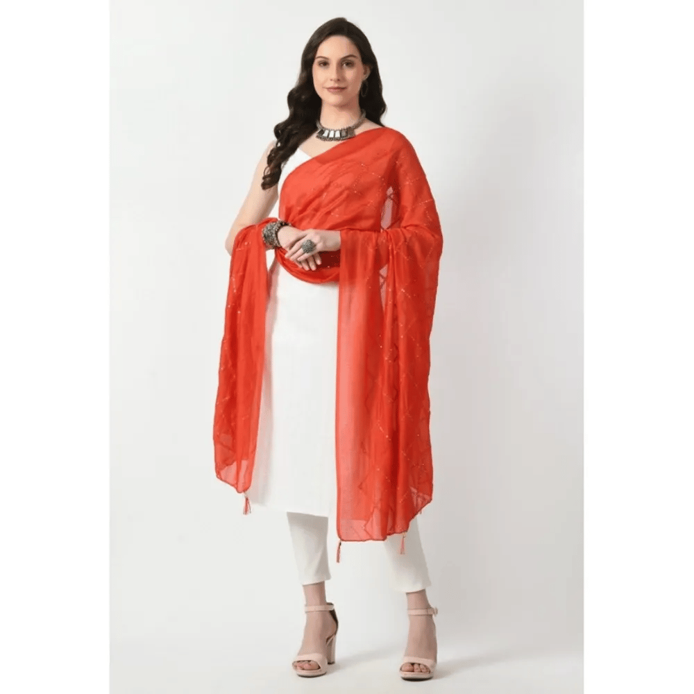 Generic Women's Chanderi Self Design Dupatta (Orange, Length:&nbsp;Free Size)