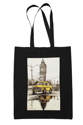 Prakrut India Cotton Canvas Tote Bag with Zipper & Inner Pocket, Vintage Yellow Taxi & Clock Tower Graphic Print