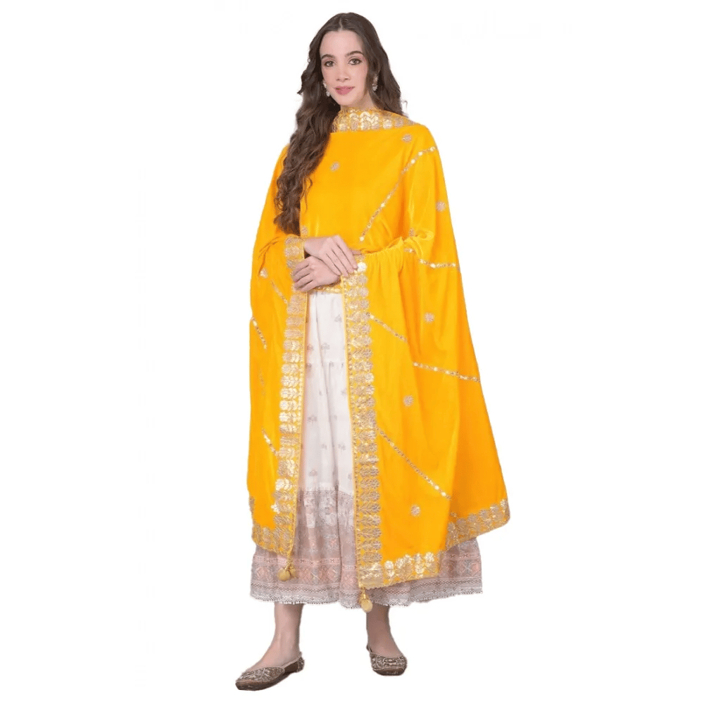 Generic Women's Velvet Gotta Patti Dupatta (Yellow, Length:&nbsp;2.25 to 2.50 Mtr)