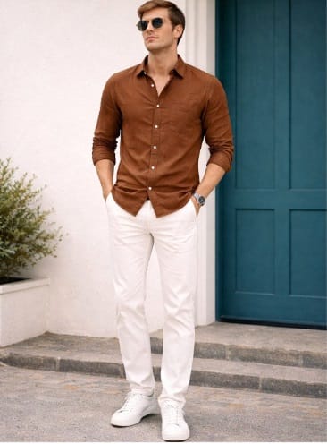 Men's Solid Brown Long Sleeve Casual Shirt