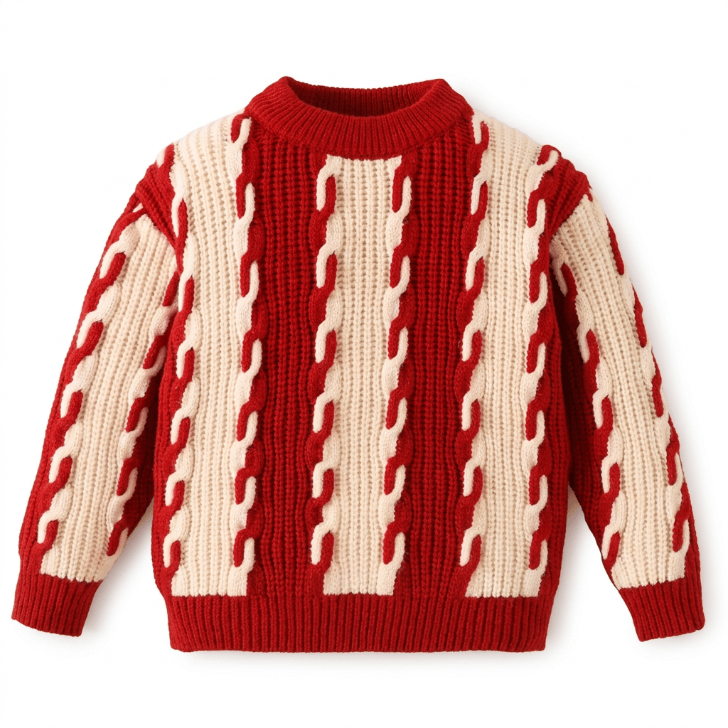 Boy's Red and Off-White Striped Cable Knit Sweater