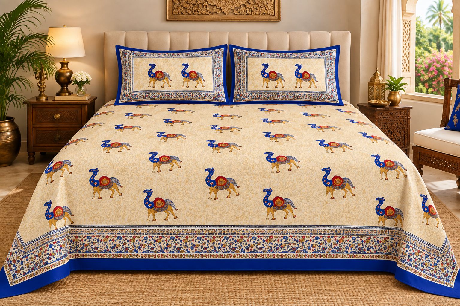 Jaipur Traditional Heritage Cotton King Size Bedsheets 90x108 Inches, 2 Pillow Covers , Royal Luxury Heritage, Camel Hand Block Print Appaearance, 144 TC-1 Set( 3Pcs in 1 Set)  Available Colour Pink City Red)