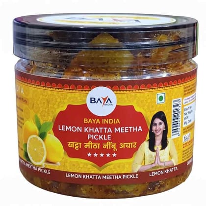 Baya India Lemon Khatta Meetha Pickle 350g | Homemade Nimbu ka Achar | Traditional Indian Sweet & Tangy Pickle | No Preservatives | Made with Mustard Oil & Natural Spices Baya India Lemon Khatta Meetha Pickle 350g | Homemade Nimbu ka Achar | Traditional Indian Sweet & Tangy Pickle | No Preservatives | Made with Mustard Oil & Natural Spices