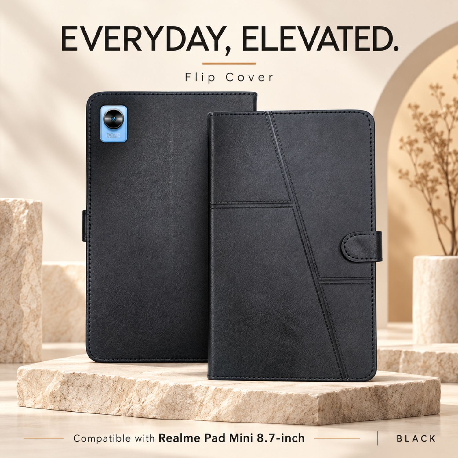 Fonfox Flip Cover Compatible with Realme Pad Mini | Premium Leather Texture Tablet Case with Stand Function, Full Body Protection & Secure Closure – Black