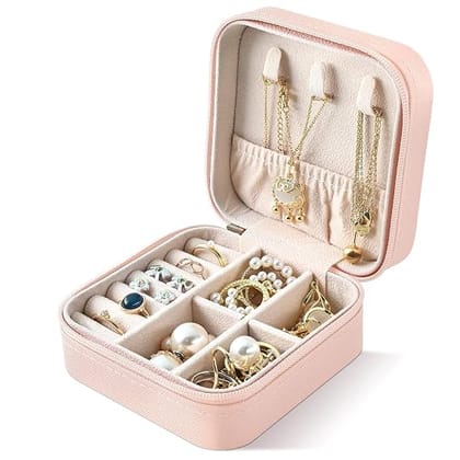 Mini Jewellery Travel Case, PU Leather Organizer Box, Small Portable Jewellery Storage Holder for Womens Rings Earrings Necklaces (Pinkish Peach)