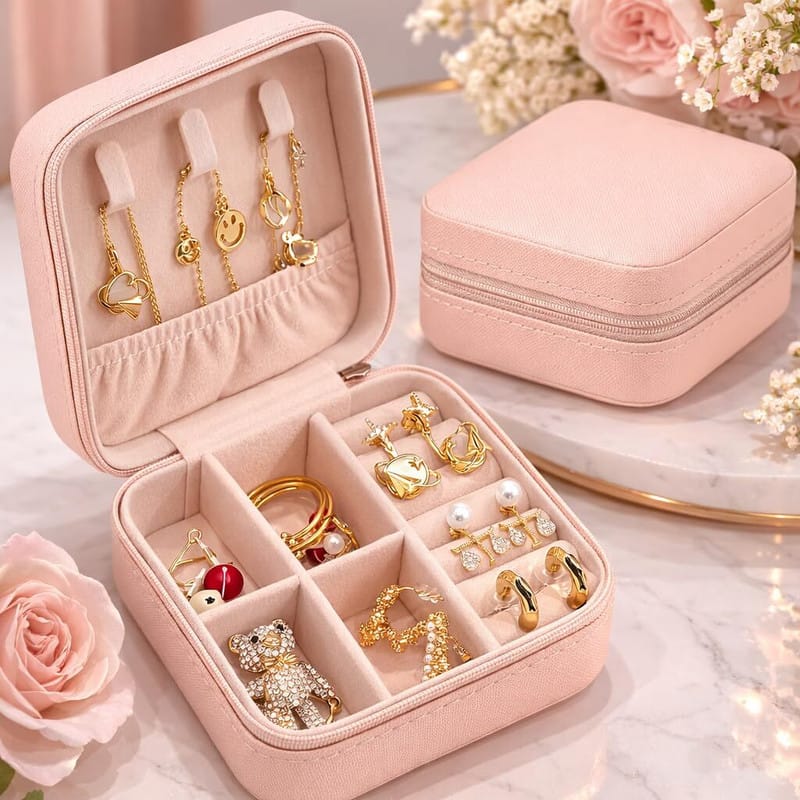 Small Portable Pink Travel Jewelry Organizer Box with Zipper
