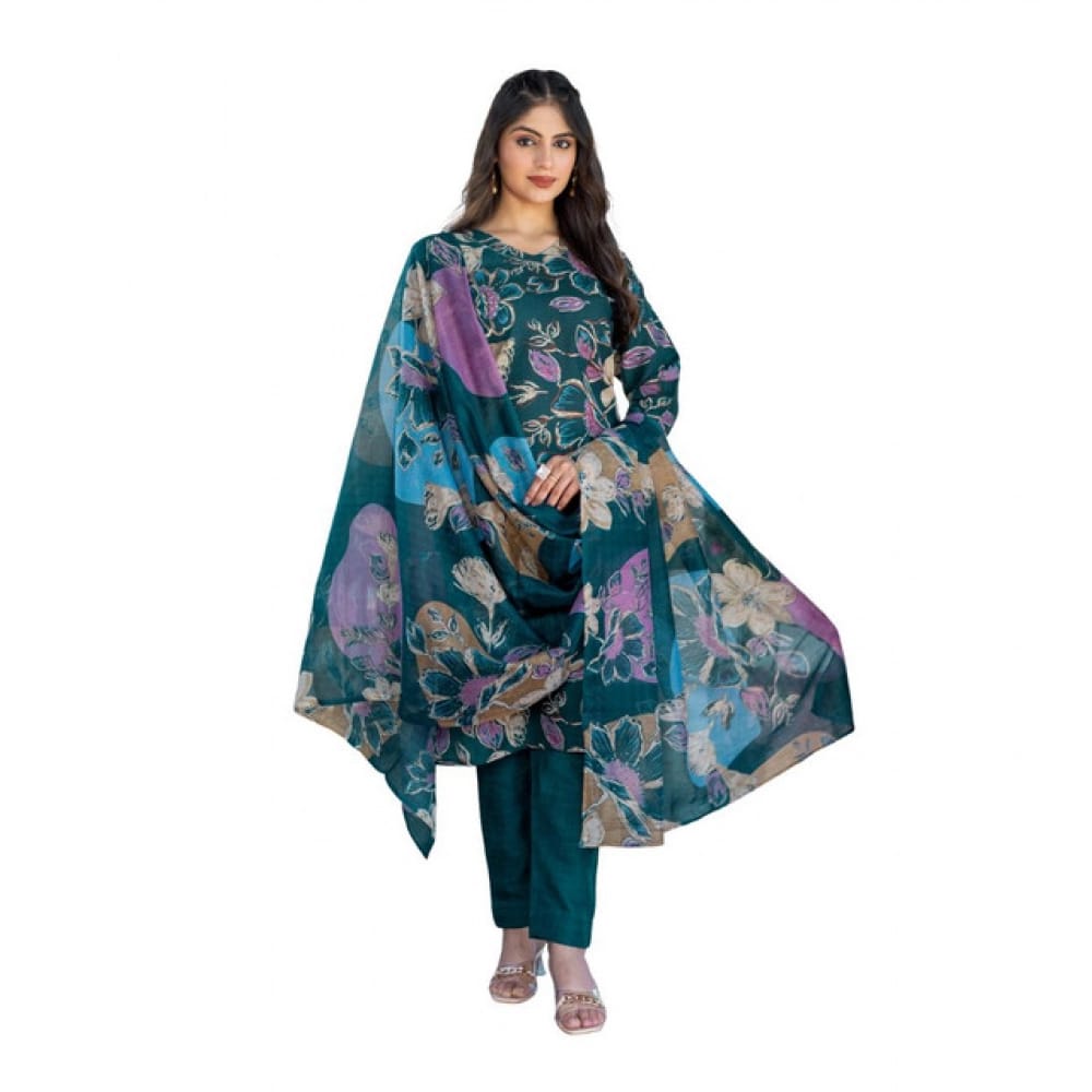 womens cotton blend printed kurti with pant dupatta set rama pid63056