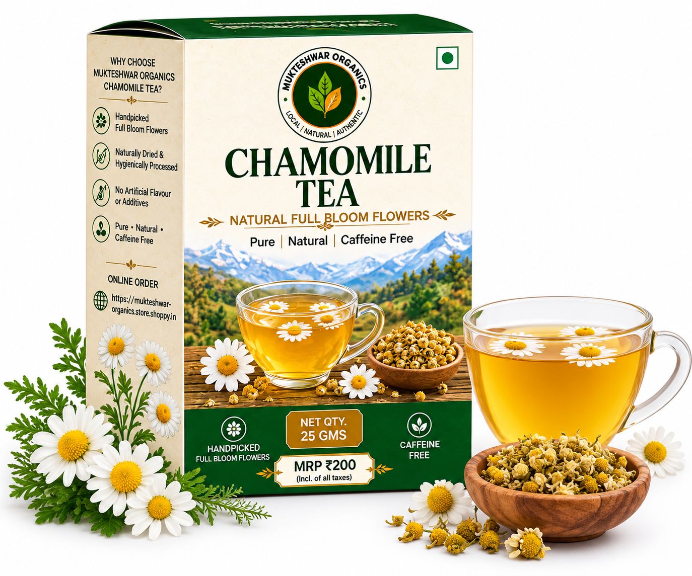 Mukteshwar Organics Chamomile Tea – 25 g | Natural Full Bloom Flowers | Caffeine-Free Herbal Infusion