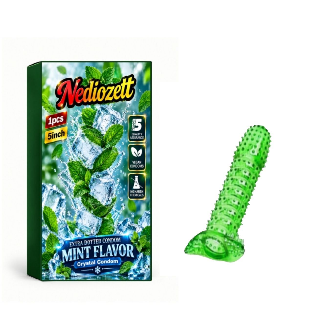 Nediozett Mint Flavor Crystal Condom For Long Last Action Silicone Reusable Condom Extra Dotted 5 inch (Pack of 1)