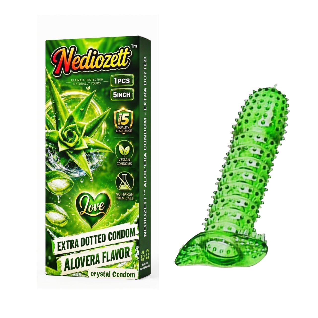 Nediozett Aloe Vera Flavor Crystal Condom For Long Last Action Silicone Reusable Condom Extra Dotted 5 inch (Pack of 1)