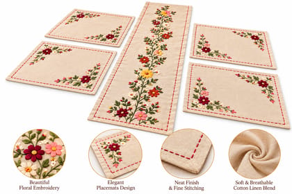 Embroidered Table Linen Set – 1 Table Runner (14 × 72 Inches) + 4 Placemats (18 × 12 Inches) | Floral Dining Table Decor