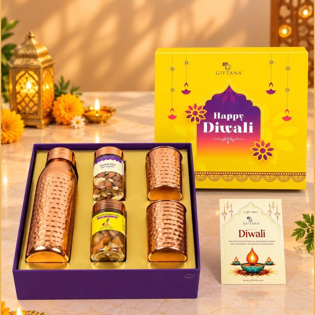 Copper Dry Fruit Diwali Hamper with 750ml Bottle, Glasses & Assorted Nuts