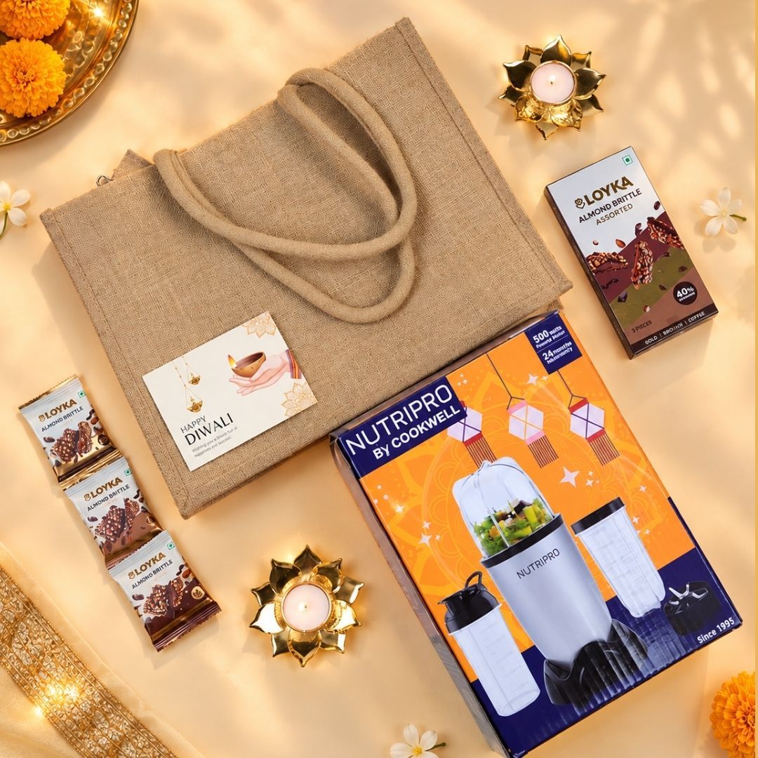 Diwali Tech & Treats Gift Set - Blender, Brittle & Jute Bag