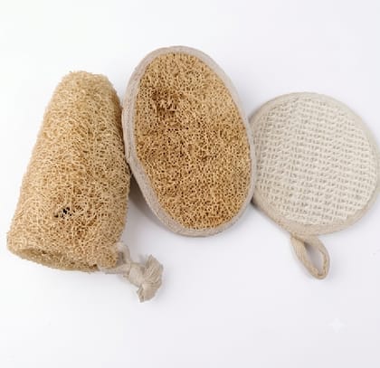  Lifeori 3-Piece Bath Loofah Combo – Natural Ramie Round & Oval Body Scrubbers with Disposable Loofah | Body Exfoliation & Deep Cleansing | Pack of 3