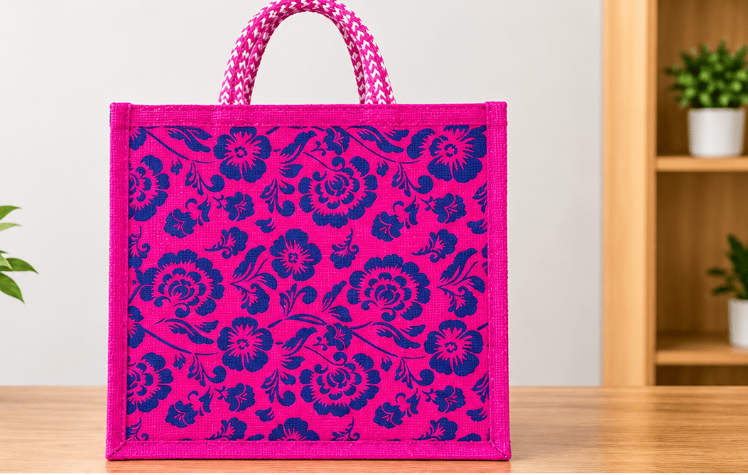 Pink and Teal Floral Print Jute Tote Bag with Braided Handles