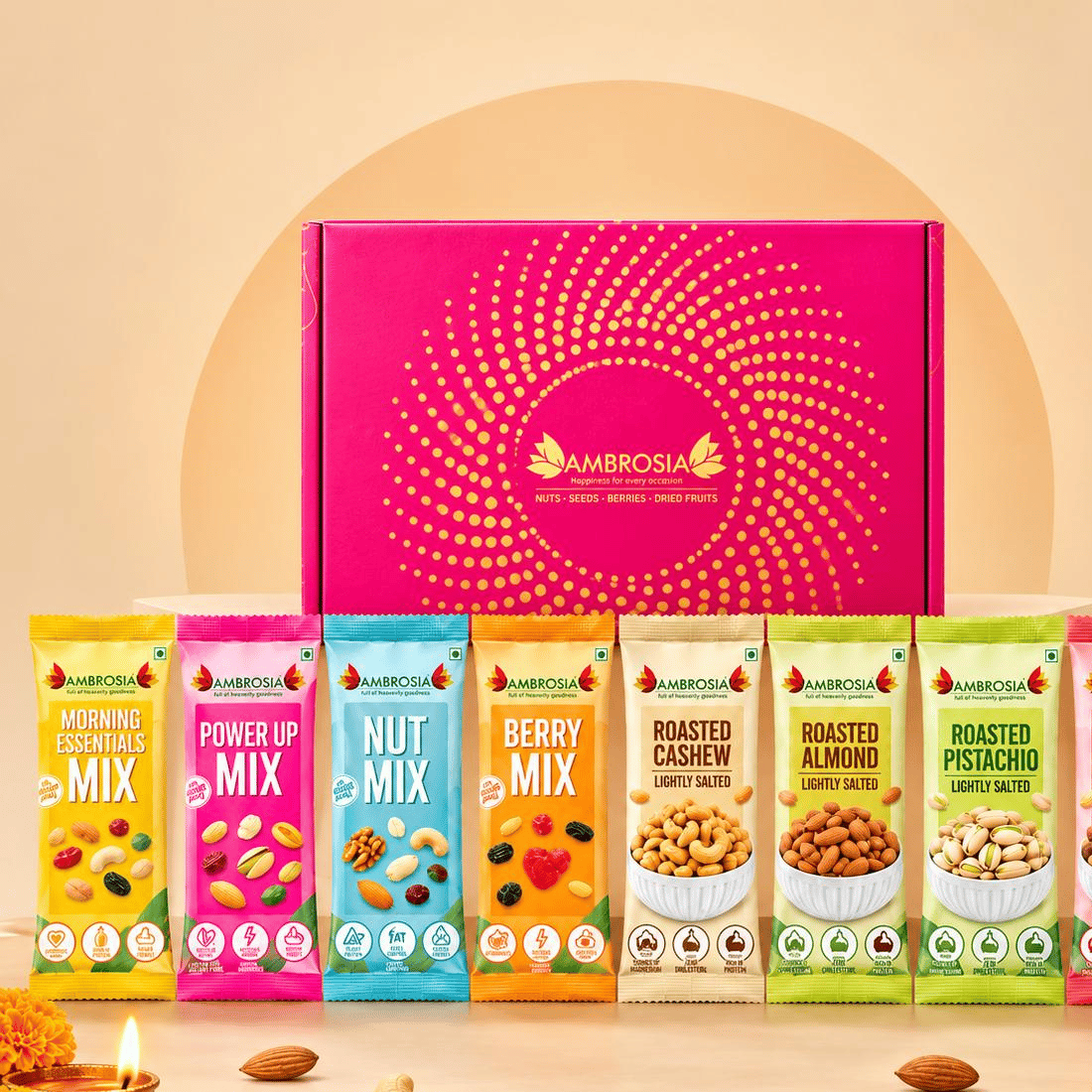 Ambrosia TrailMixes Delight Diwali Gift Hamper 240g (each pack 30g) | Packed with variety of roasted nuts, dried fruits and seeds