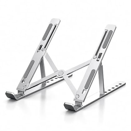 Portable Aluminium Alloy Laptop Stand, Foldable with 6 Adjustable Angles, Non-Slip Silicone, Ergonomic Design, Silver, with Storage Bag
