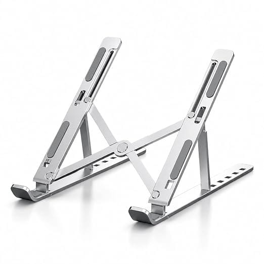 Portable Aluminium Alloy Laptop Stand, Foldable with 6 Adjustable Angles, Non-Slip Silicone, Ergonomic Design, Silver, with Storage Bag